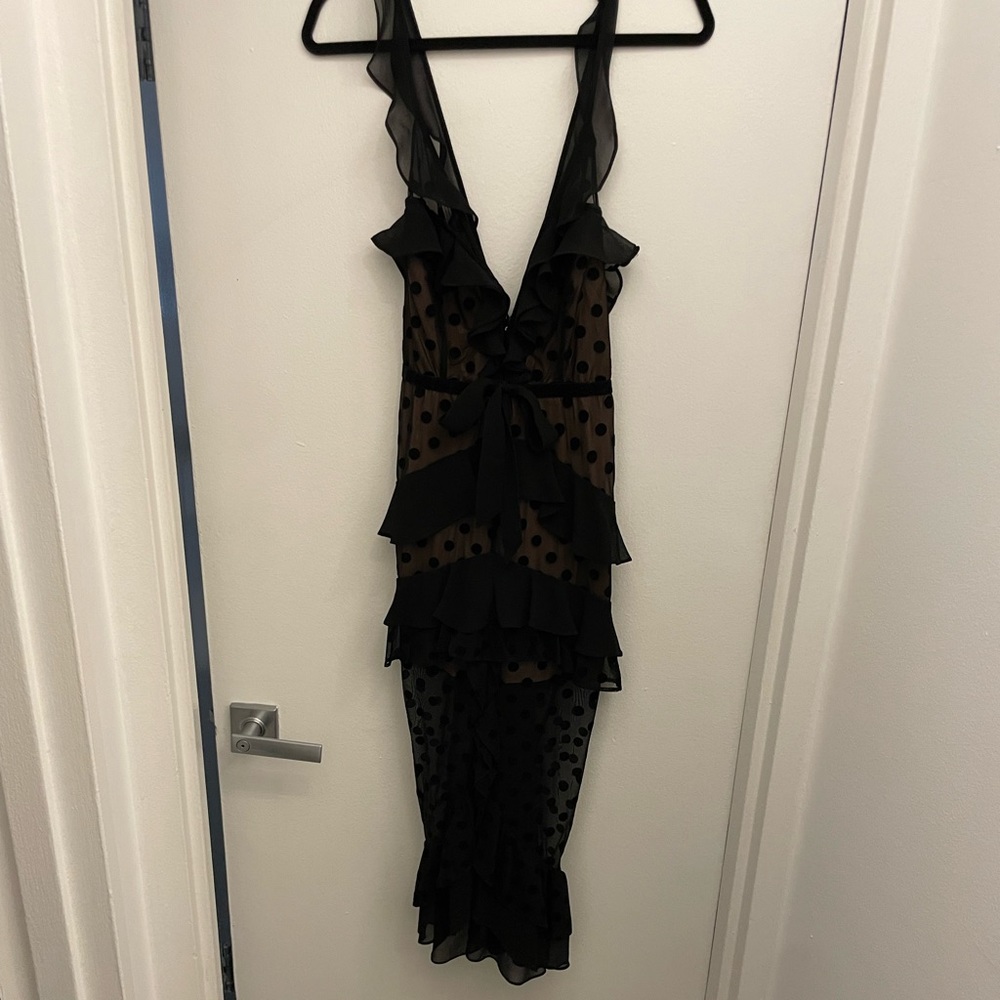 For Love and Lemons Black Sheer Polka Dot Dress with deep V neckline in Size M
